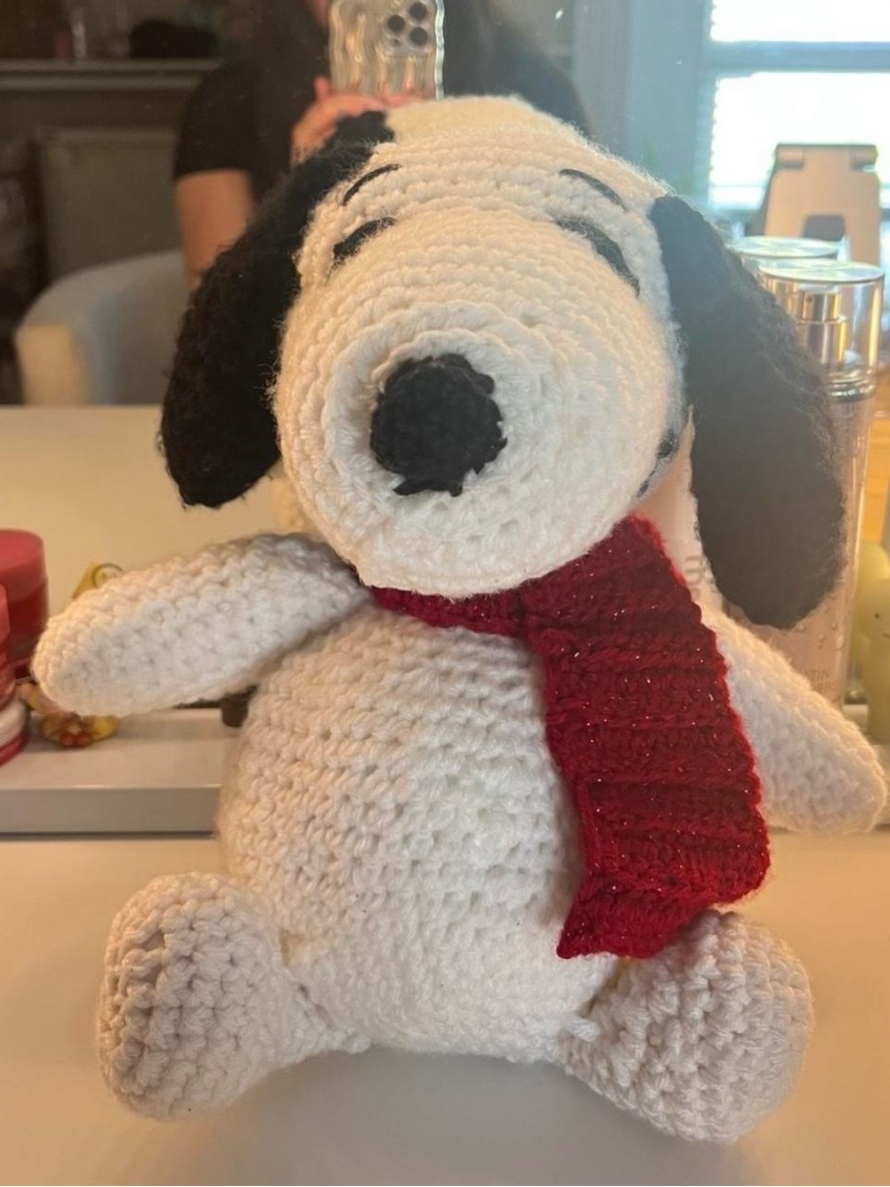 Handmade White Crochet Snoopy-Style Plush with Red Scarf